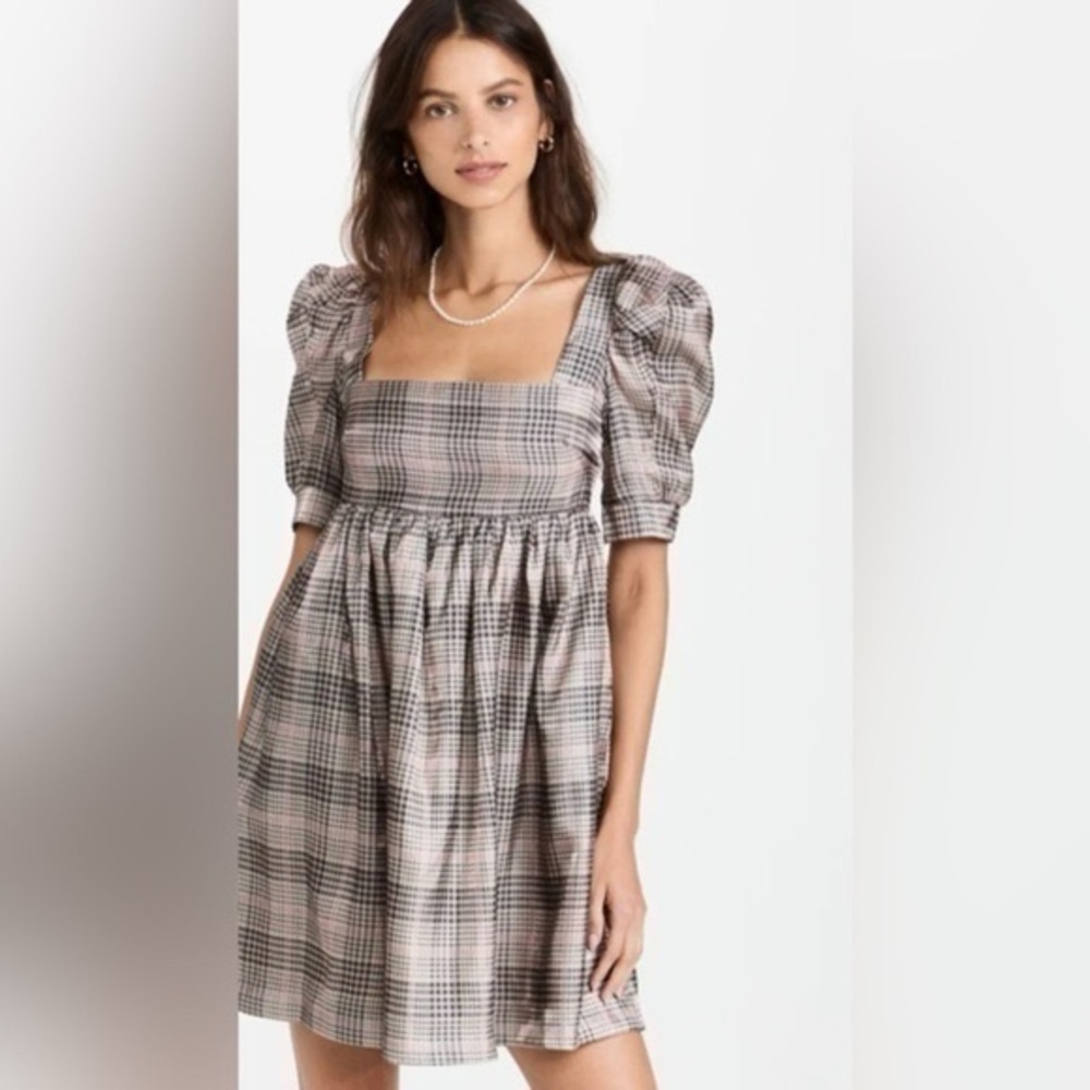 En Saison - Plaid Organza Mini Dress Puff Sleeve Dress